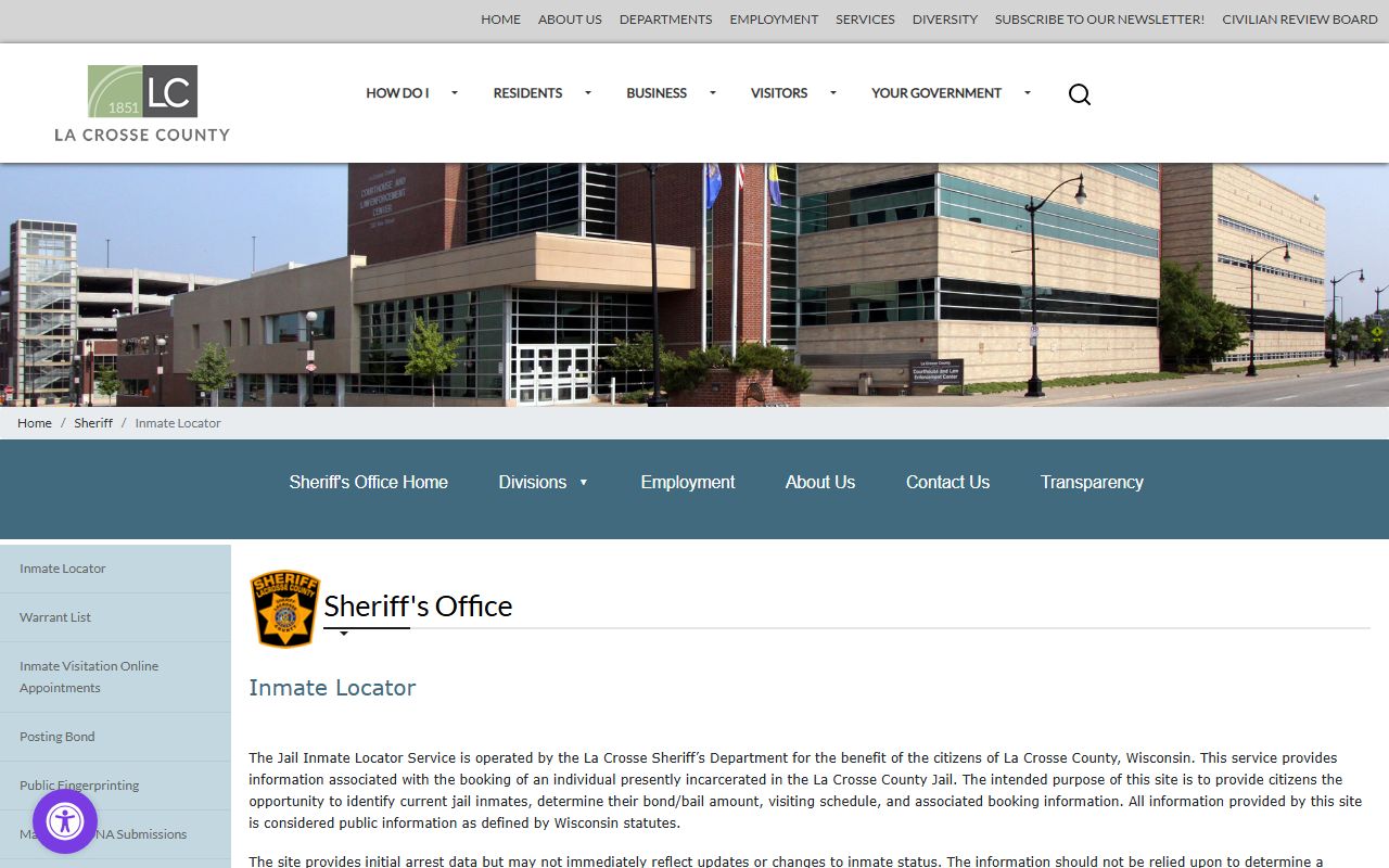 La Crosse County 24 Hour Booking inmate locator