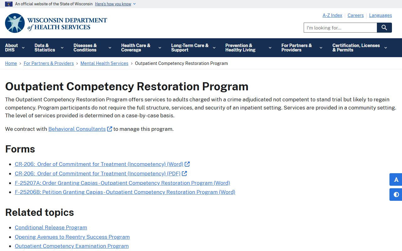 Wisconsin 24 Hour Booking Wisconsin DHS competency restoration page