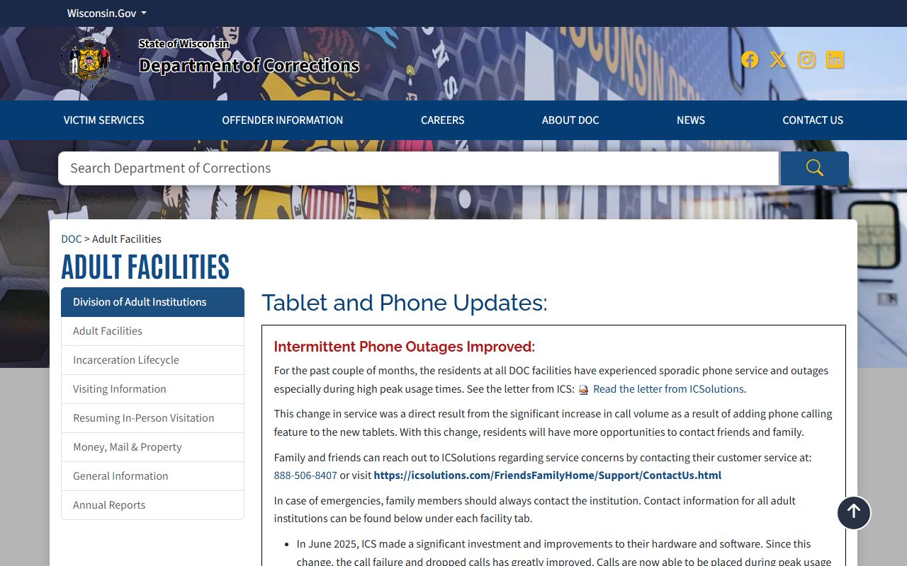 Wisconsin 24 Hour Booking DOC adult facilities page