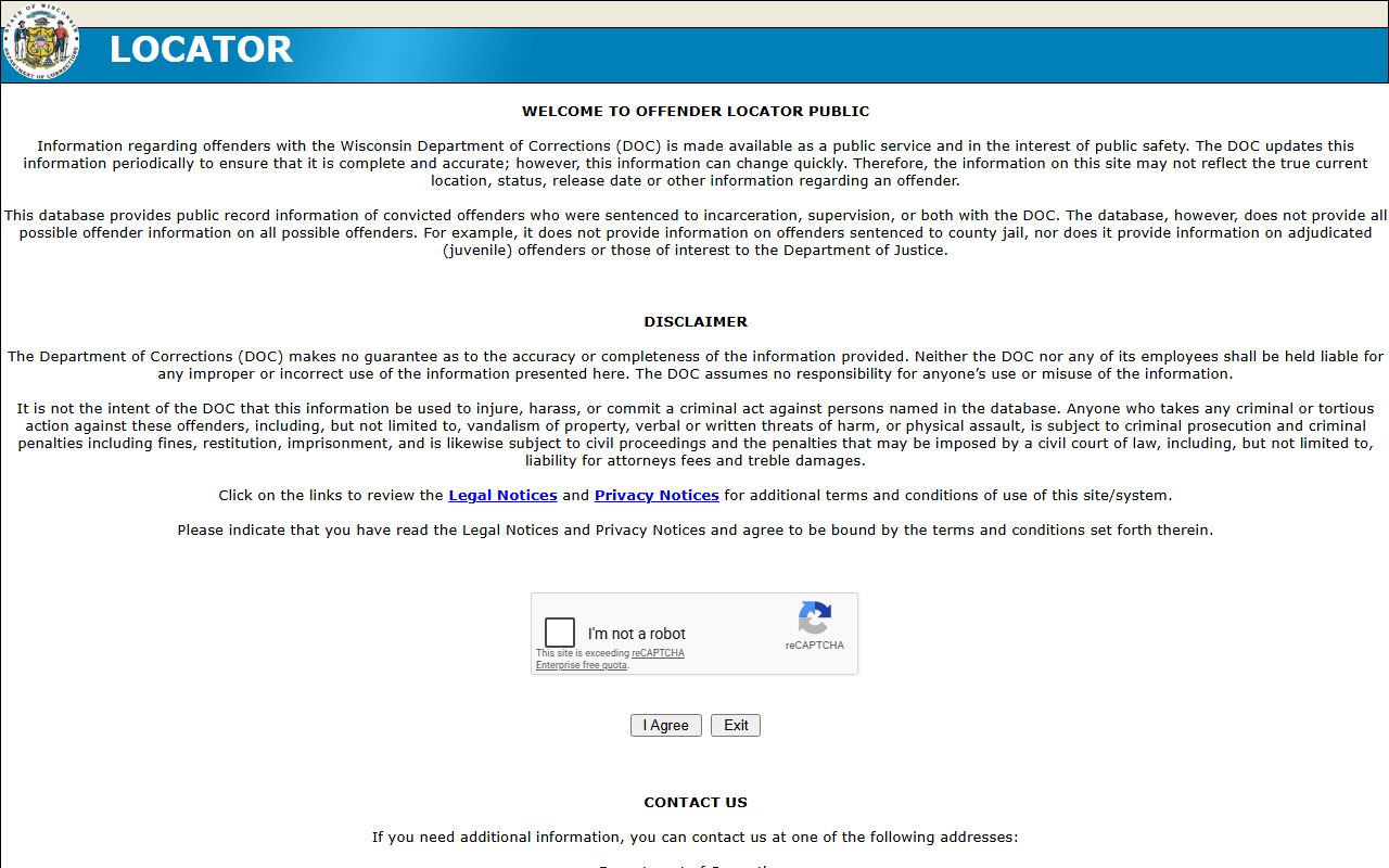 Wisconsin 24 Hour Booking DOC offender locator
