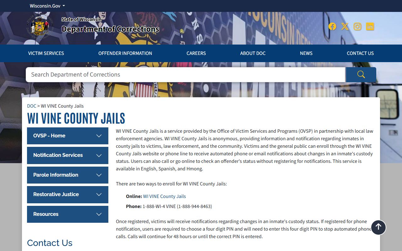 Wisconsin 24 Hour Booking WI VINE county jails page